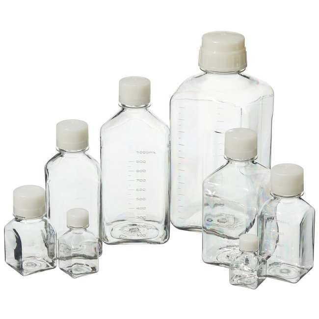 Thermo Scientific™ Nalgene™ Square PETG Media Bottles with Closure: Sterile, Shrink-Wrapped Trays