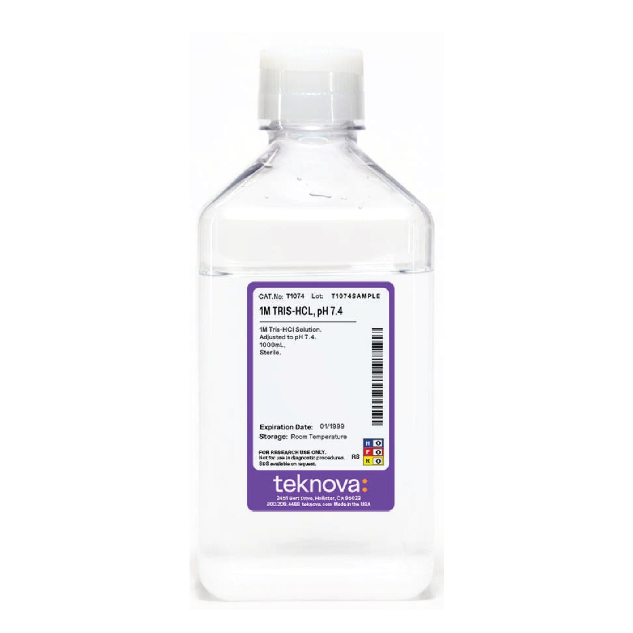 Teknova 1M Tris-HCl, pH 7.4, 1000 mL, Sterile.