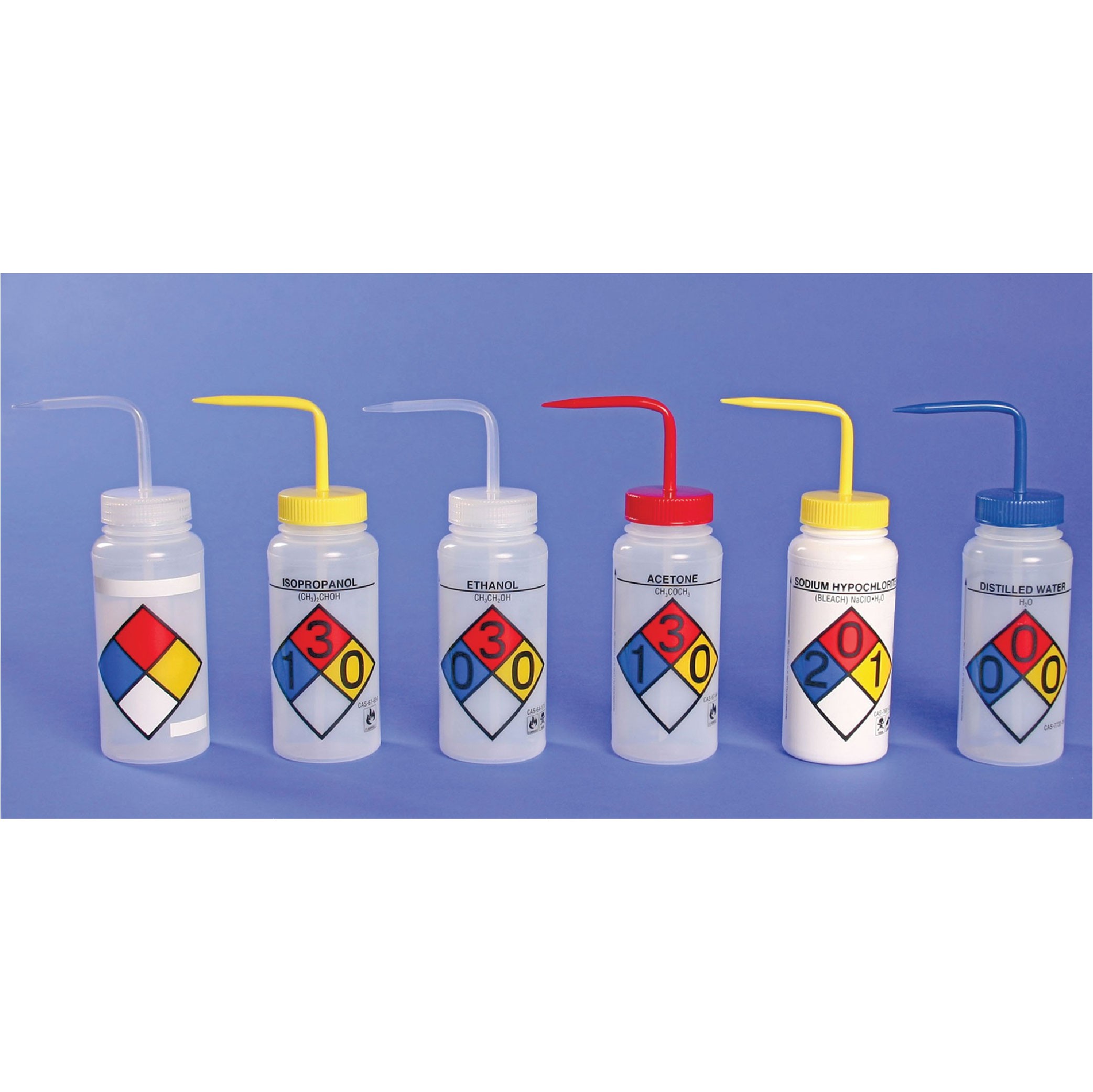 SP Bel-Art Safety-Labeled 4-Color Water Wide-Mouth Wash Bottles, 500 mL (16OZ), Polyethylene with Blue Polyethylene Cap