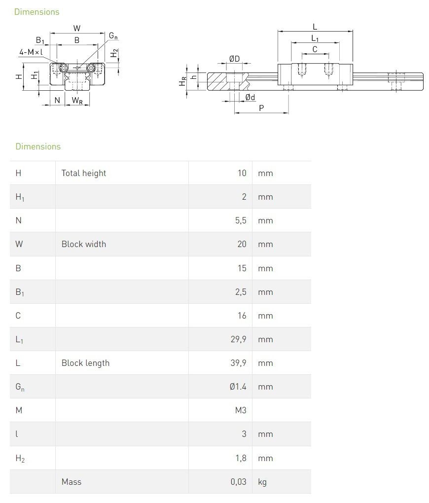 HIWIN Carriage MGN “Narrow type“ MGN-09-H-Z0-HM (long)