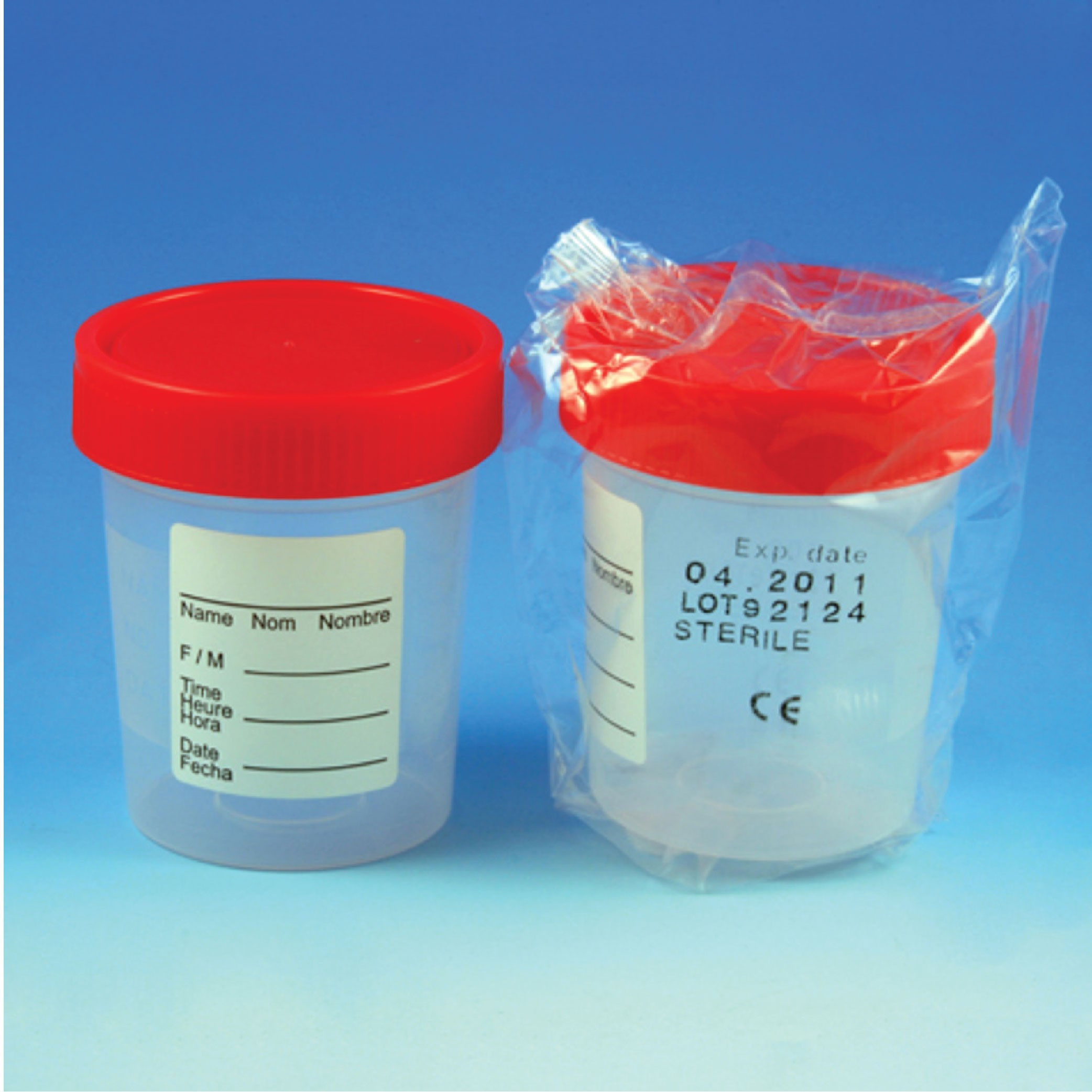 Globe Scientific Specimen Container, 4oz, with 1/4-Turn Red Screwcap and Tri-Lingual ID Label, STERILE, PP