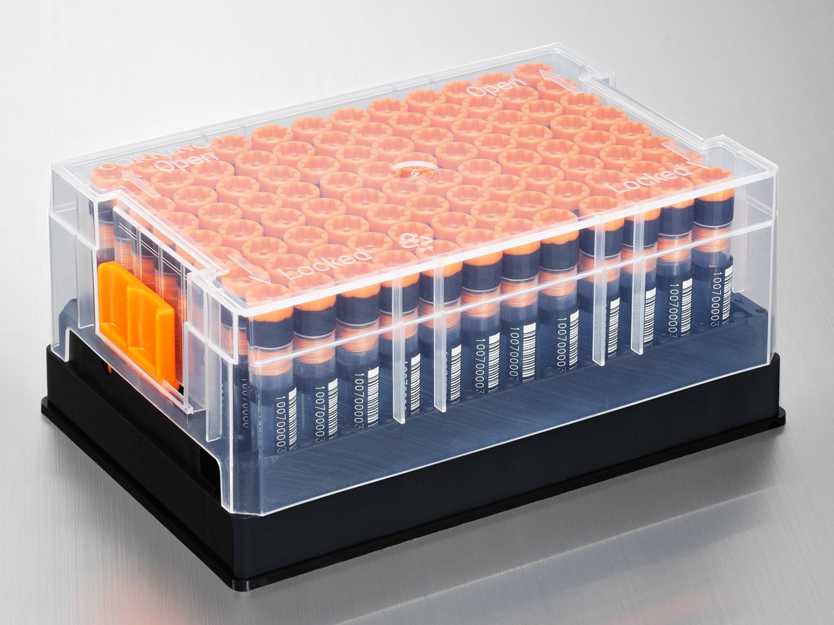 Corning® 96 1D/2D Bar Coded Storage Tubes, 1.3 mL, With Screw Caps, Racked