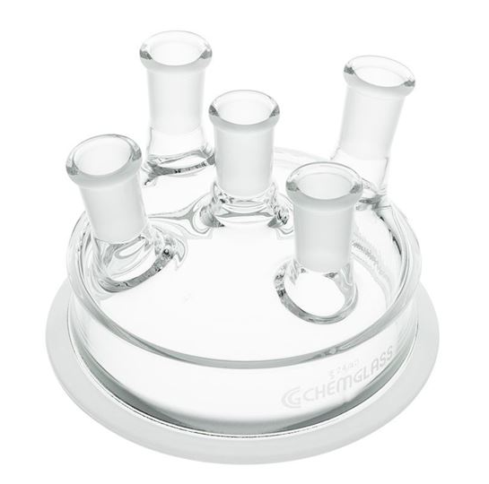 Chemglass Lid, Reaction Vessel, 5-Neck, Flange, 24/40 CN, 24/40 SN's: (2) Vertical & (2) Angled 10°