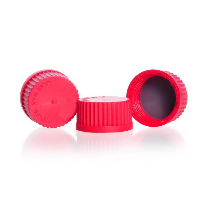 DURAN® GL 45 High Temperature Screw Cap (PBT, red), with PTFE-coated, peroxide cured silicone cap liner