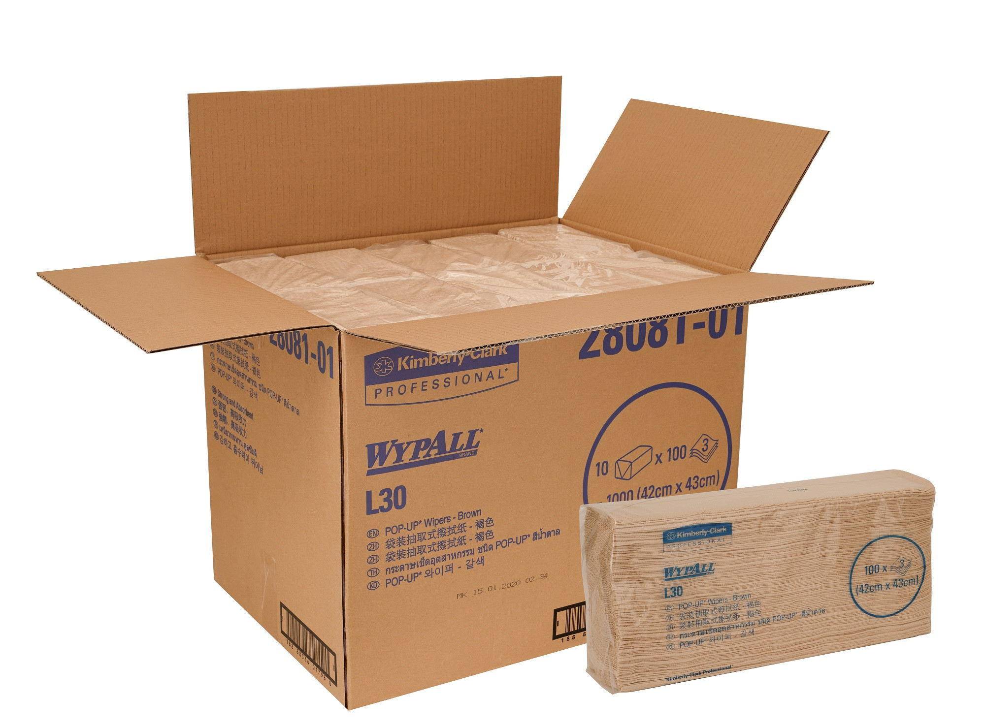 WypAll 28081 L30 General Wiping Wipers, Pop-Up™ Box White, 3 ply, 10 packs x 100 Sheets (1000 sheets)